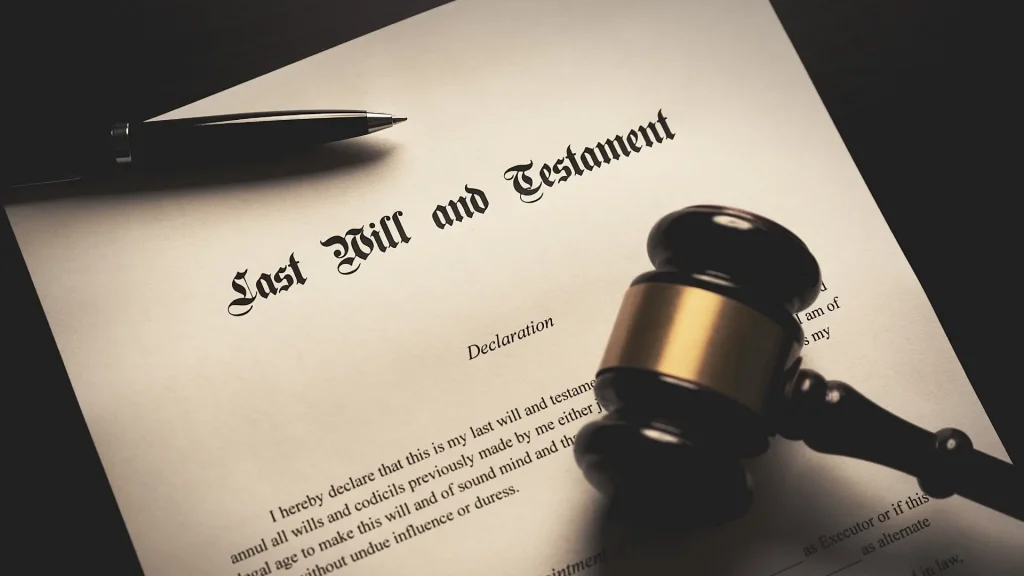 Close-up of a last will and testament document with a gavel and pen.
